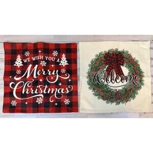 Set of 2 Christmas Throw Pillow Covers 17x17 Buffalo Plaid & Wreath Holiday Deco